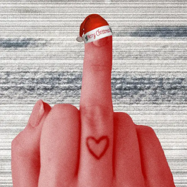 Photo illustration of a woman giving a festive middle finger with digitally manipulated snow in the bacground by Tug Wells